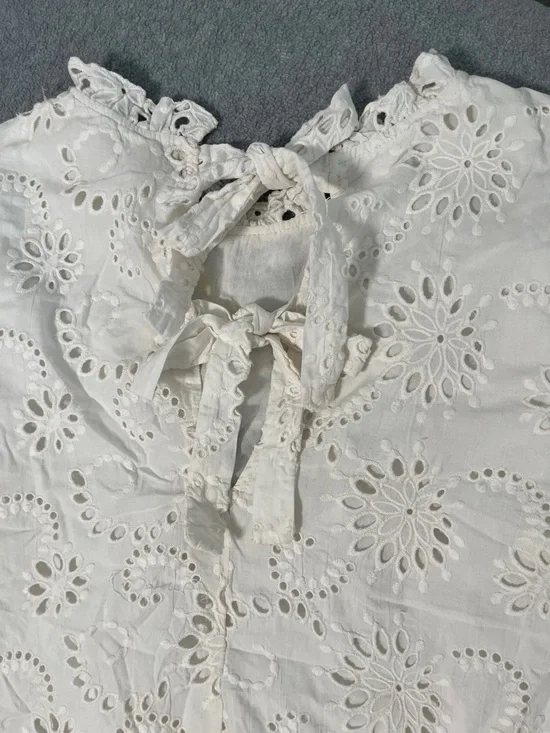 Cottagecore Fairy White Ruffle Mini Dress Large Embroidered Eyelet Kawaii - Picture 7 of 11